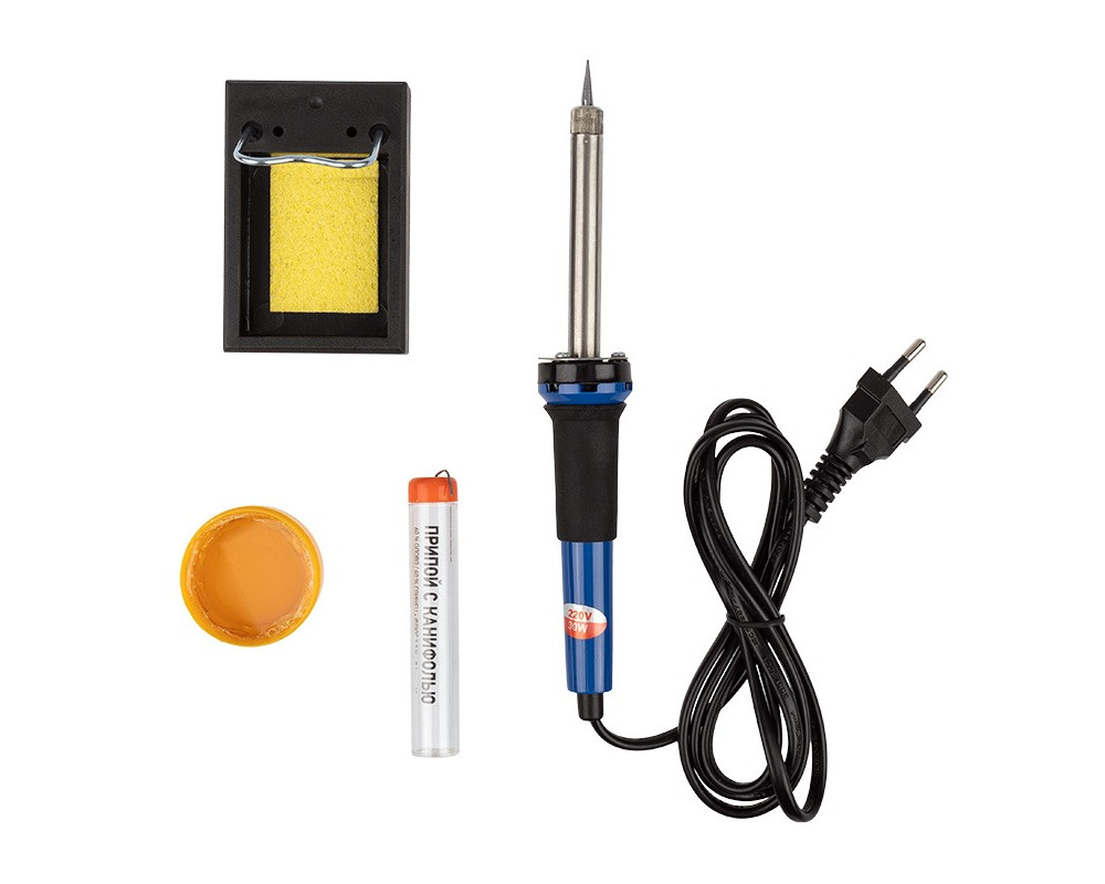 Набор для пайки №11 (паяльник 30Вт, подставка, губка для удаления припоя, канифоль, припой)  (TL-1011)  REXANT