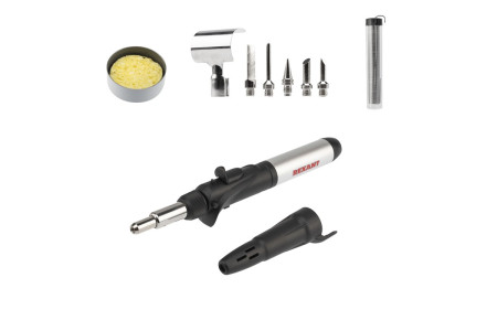 Паяльник-горелка с пьезоподжигом, газовый, 17мл, 6 насадок + припой + губка, коробка REXANT