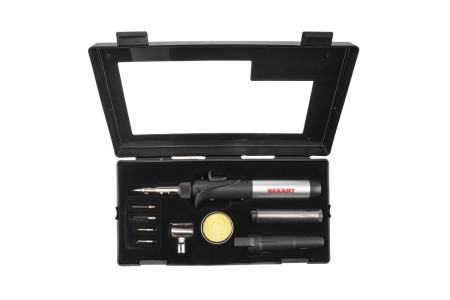 Паяльник-горелка с пьезоподжигом, газовый, 17мл, 6 насадок + припой + губка, коробка REXANT